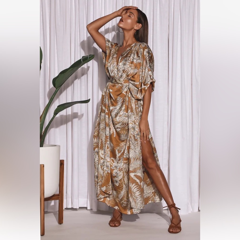 Lulu’s Take A Holiday Tan Tropical Print Maxi Dress Size XL Kimono Sleeve Kaftan